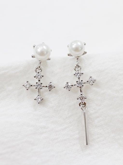 DAKA Fashion White Artificial Pearl Cubic Zircon Cross Silver Stud Earrings 0