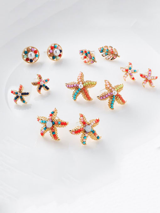 Girlhood Alloy With  Artificial Pearl  Bohemia Colorful Sea Star Round Stud Earrings 1
