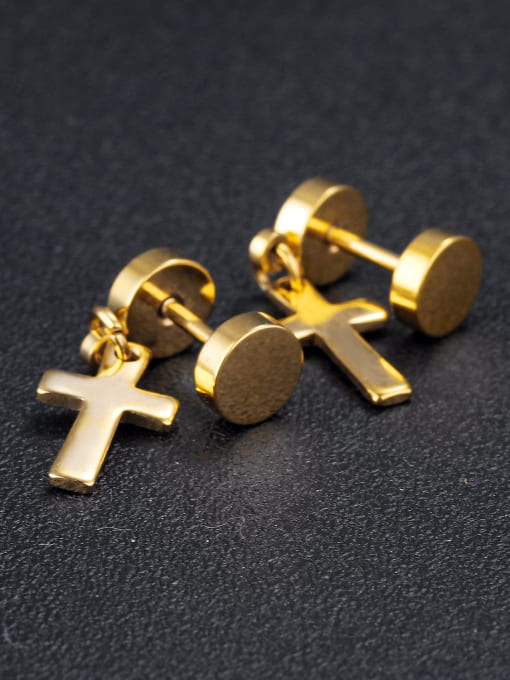 gold Simple Dumbbell Cross Titanium Smooth Stud Earrings