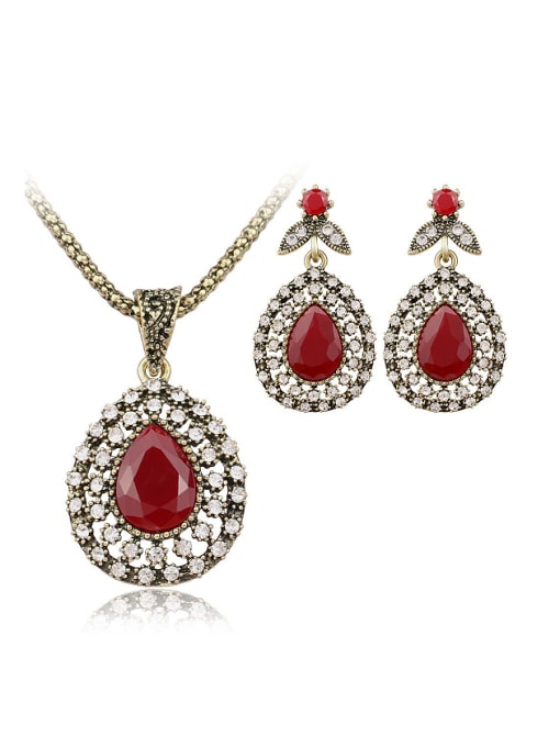 red Retro style Resin stones Water Drop shaped Alloy Two Pieces Jewelry Set
