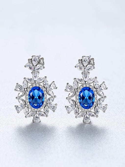 blue 925 Sterling Silver With  Cubic Zirconia Luxury Flower Cluster Earrings