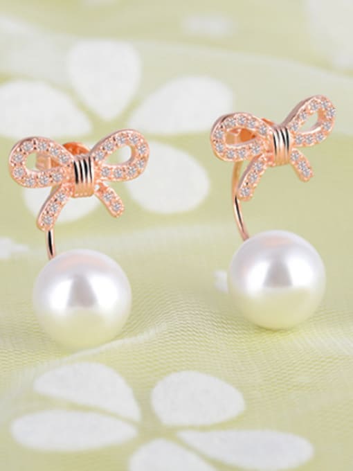 AI Fei Er Fashion Cubic Zirconias Bowknot Imitation Pearl Stud Earrings 2