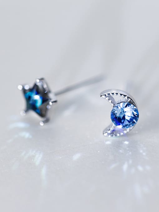 Rosh S925 silver blue zircon lovely star and moon stud Earring 0