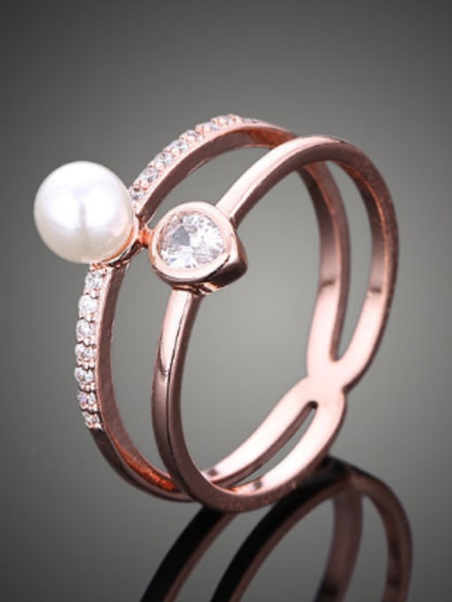 Rose Gold Fashion Two-band Imitation Pearl Cubic Copper Ring
