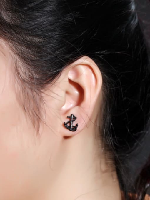 Black Simple Tiny Ship Anchor Titanium Stud Earrings