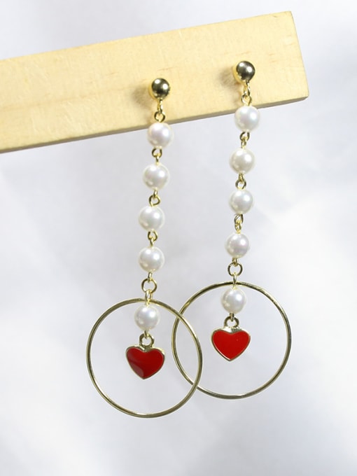 Peng Yuan White Freshwater Pearls Hollow Round Tiny Red Heart 925 Silver Drop Earrings 0