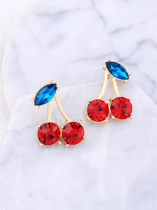 KM Fresh Cherry Fashion Red and Blue Rhinestones Stud Earrings 1