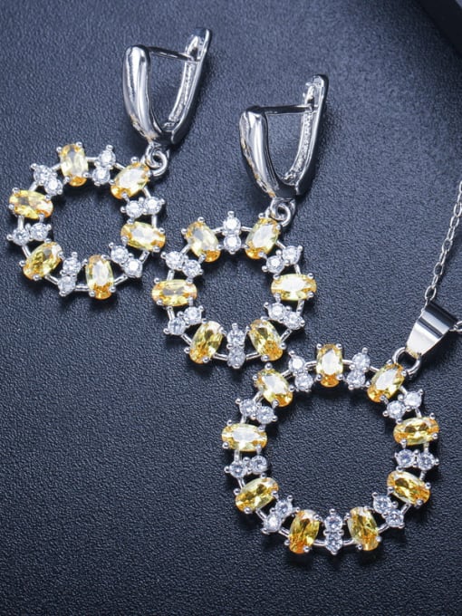 Yellow Luxury Shine Square High Quality Zircon Round Necklace Earrings 2 Piece jewelry set Multicolor