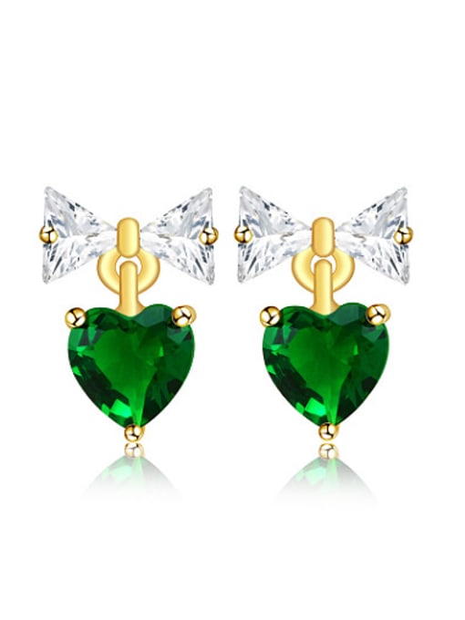 green Copper Alloy 23K Gold Plated Simple style Heart-shaped and Bow Zircon stud Earring