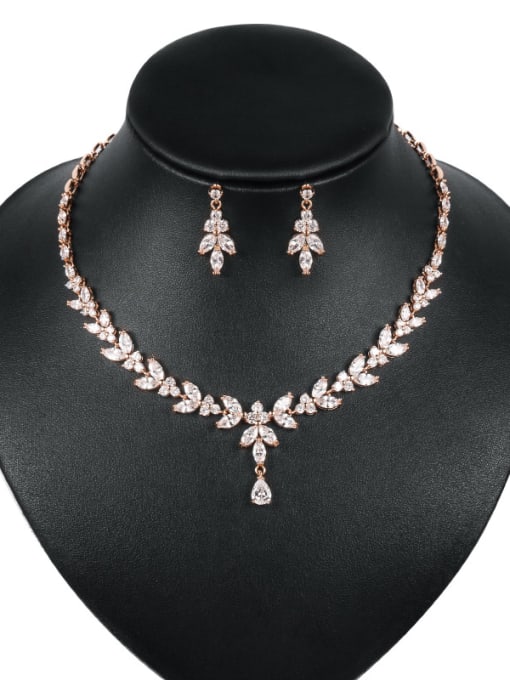 rose Copper With Cubic Zirconia  Classic Water Drop Earrings And Necklaces 2 Piece Jewelry Set