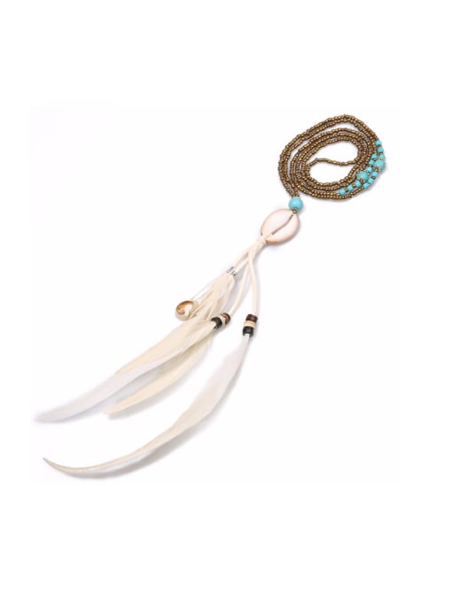 HN1669-E Retro Turquoise Feather Pendant Long Necklace