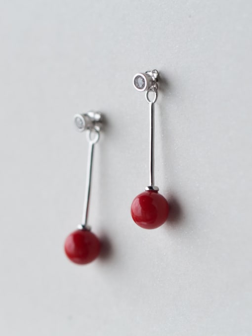 Rosh All-match Geometric Shaped Red Shell Bead S925 Silver Drop Earrings