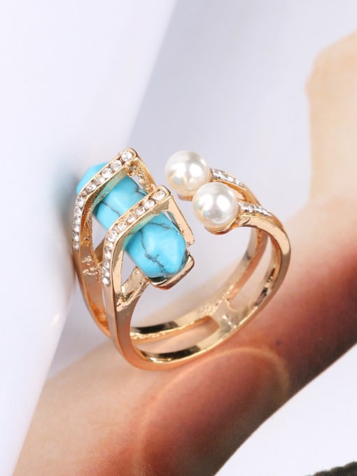 Gujin Personalized Artificial Pearls Turquoise stone Gold Plated Alloy Ring 2