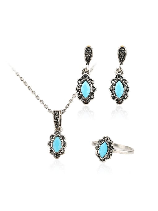 Gujin Retro style Oval Blue Resin stones Alloy Three Pieces Jewelry Set 0