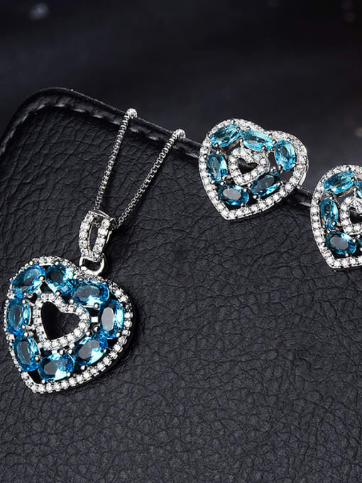 sky blue+platinum Copper With Glass stone Classic Heart 2 Piece Jewelry Set