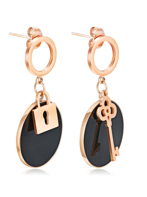 black Stainless Steel With Rose Gold Plated Personality Round With key and lock Stud Earrings