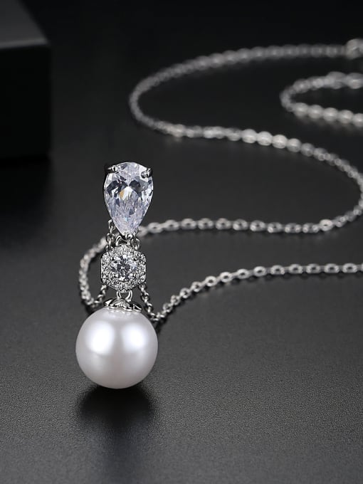 BLING SU Copper inlaid AAA zircon imitation pearl Water Drop Necklace