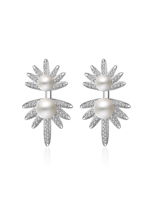 AI Fei Er Fashion Imitation Pearl Shiny Zirconias Flower Stud Earrings 0
