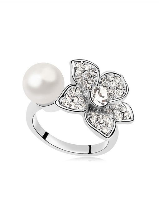 White Fashion Imitation Pearl Crystals-covered Flower Alloy Ring
