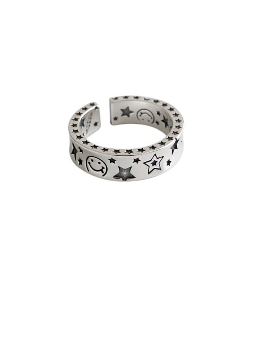 DAKA 925 Sterling Silver With Antique Silver Plated Vintage Star Smiley Face Free Size Rings 0