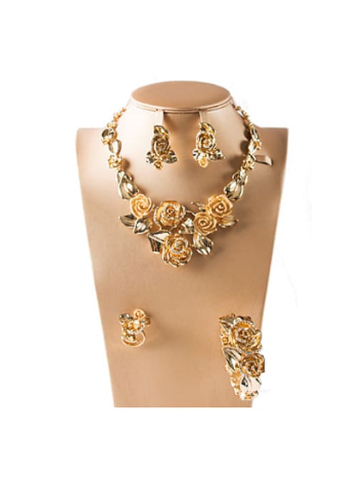 Gold Flowers Rhinestones Colorfast Four Pieces Jewelry Set