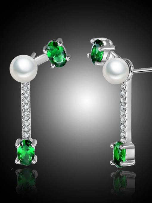 Green Drilled Ear Nail Temperaments Simple Shining Zircons Pearls Stud Earrings