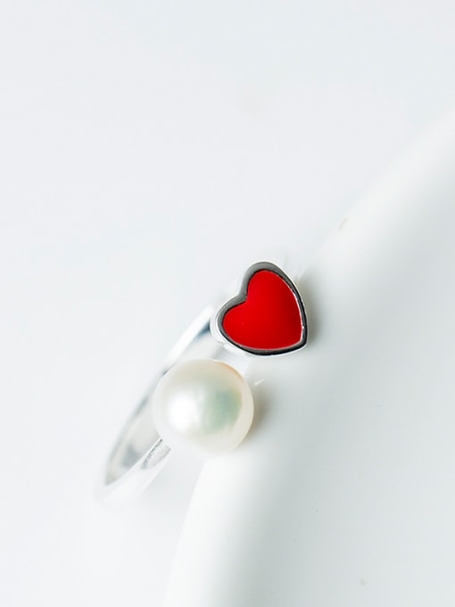 SILVER MI Fashion Red Heart Artificial Pearl Opening 925 Silver Ring 1