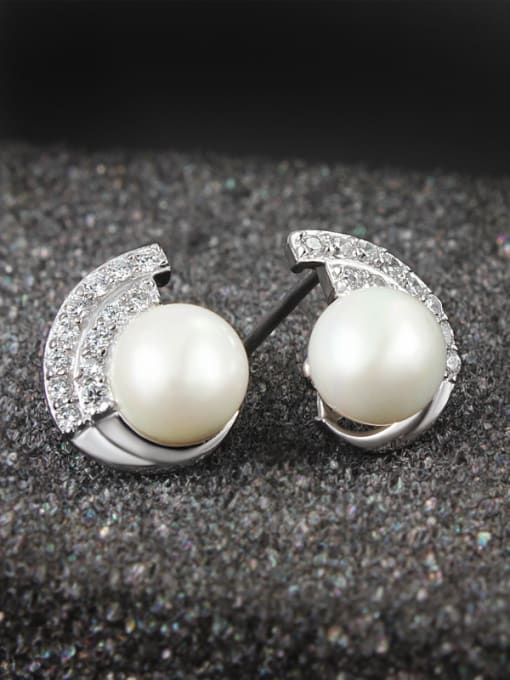 SANTIAGO Exquisite Artificial Pearl Shiny Zirconias 925 Sterling Silver Stud Earrings 2