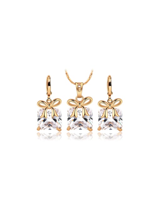 XP Copper Alloy 18K Gold Plated Fashion Bow Two Pieces Zircon Jewelry Set 0