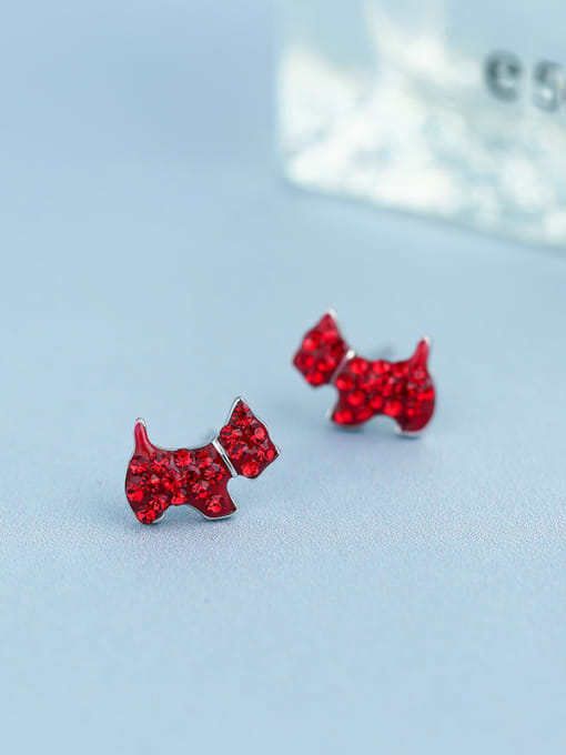 Red Tiny Cubic Zirconias-covered Puppy 925 Silver Stud Earrings