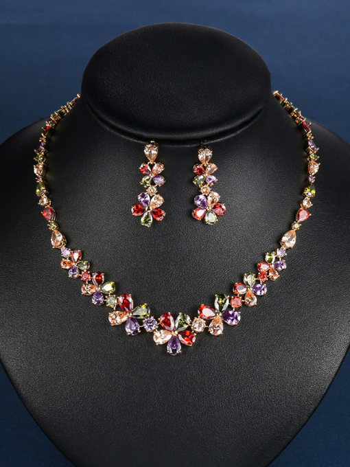 multicolor Copper With Cubic Zirconia Luxury Flower Earrings And Necklaces 2 Piece Jewelry Set