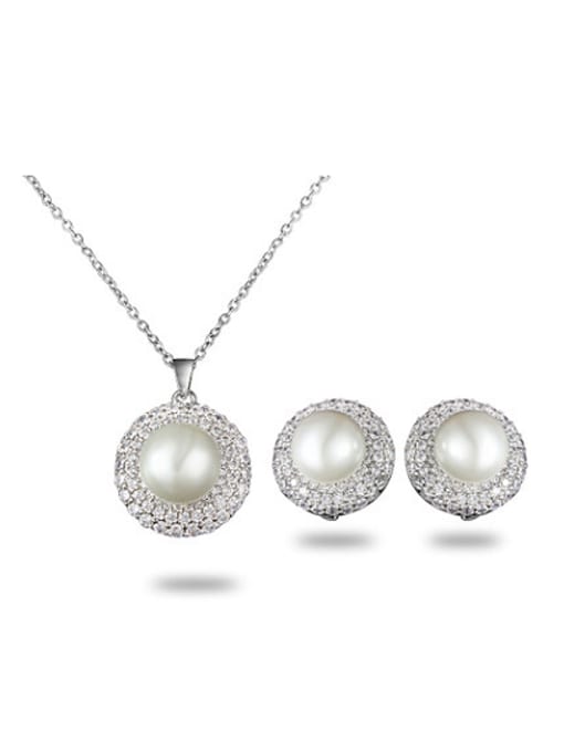white Elegant Platinum Plated Round Shaped Artificial Pearl Two Pieces Jewelry Set