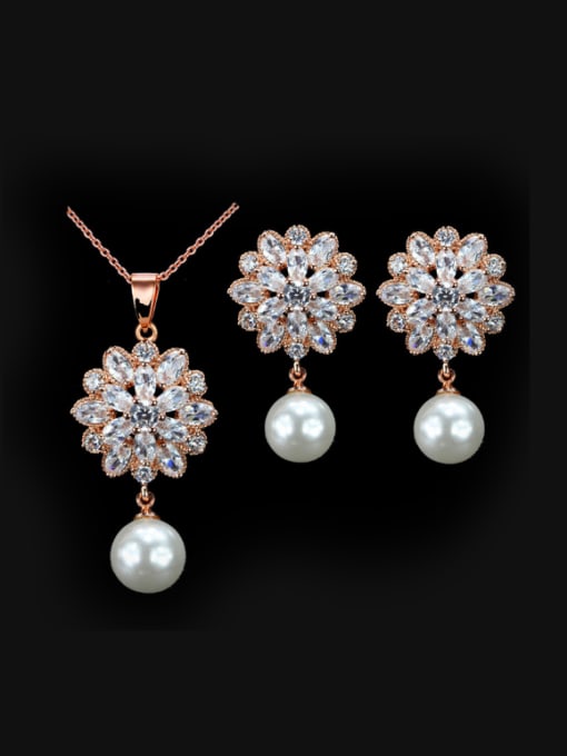 L.WIN Zircon Flower Pearl Wedding Jewelry Set 0