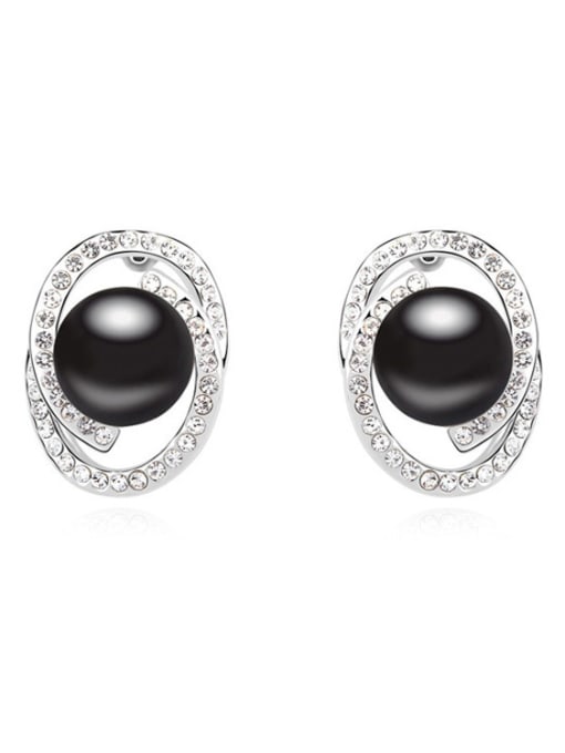 Black Fashion Imitation Pearls Shiny Crystals-studded Alloy Stud Earrings