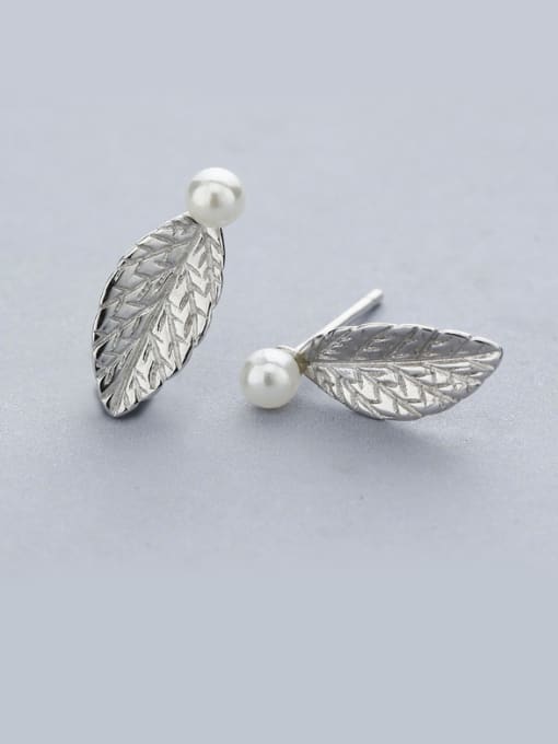 One Silver Leaf Shaped Shell Pearl Stud Earrings