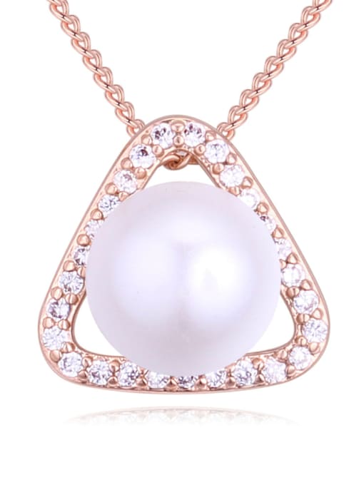 Rose Gold Fashion Imitation Pearl Shiny Cubic Zirconias Triangle Pendant Alloy Necklace
