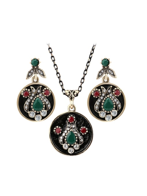 Gujin Vintage style Resin stones Black Enamel Round Alloy Two Pieces Jewelry Set 0