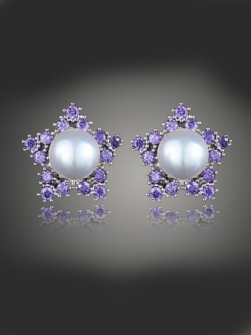 Purple Imitation Pearl Rhinestones-studded Star Copper Stud Earrings
