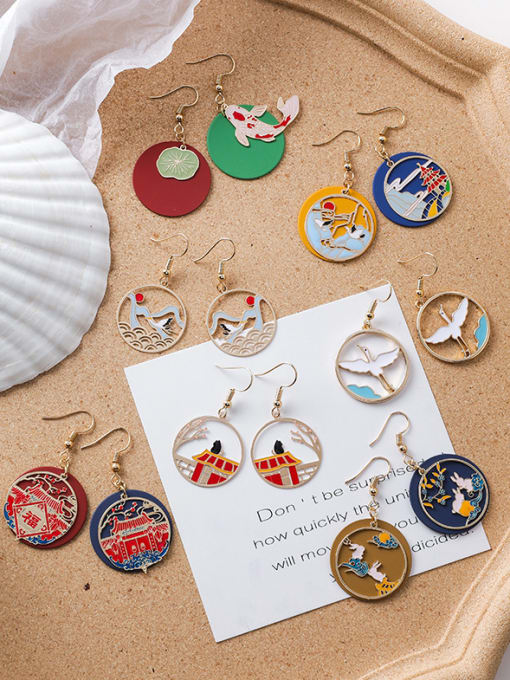 Girlhood Alloy With Rose Gold Plated Ethnic Painted Koi Printed Palace Hook Earrings 1
