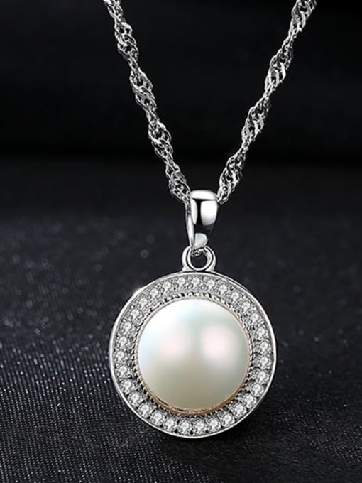 White Sterling Silver with AAA zircon 9-9.5mm natural freshwater pearl necklace