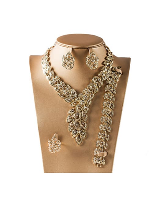 Gold 18K Leaves shaped Colorfast Rhinestones Four Pieces Jewelry Set