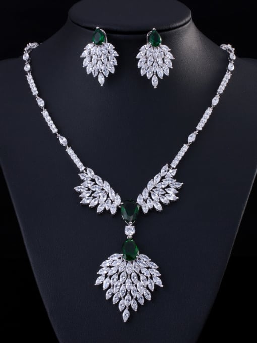 Platinum Green Zirconium Flower Zircon Two Piece Jewelry Set