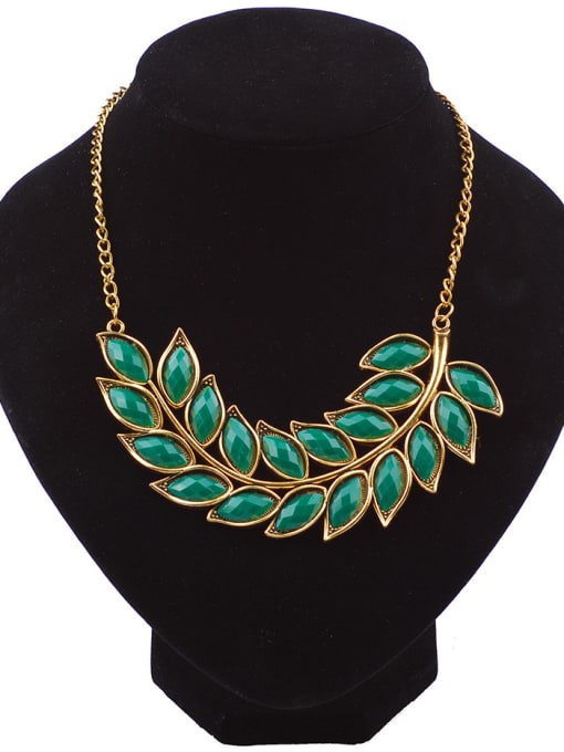 Green Fashion Marquise Stones-studded Leaves Gold Plated Necklace