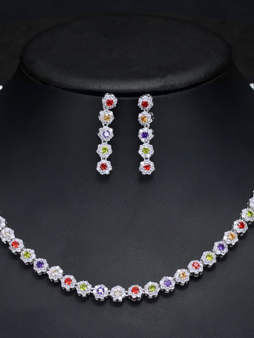 colour Luxury Shine  High Quality Zircon Round Necklace Earrings 2 Piece jewelry set
