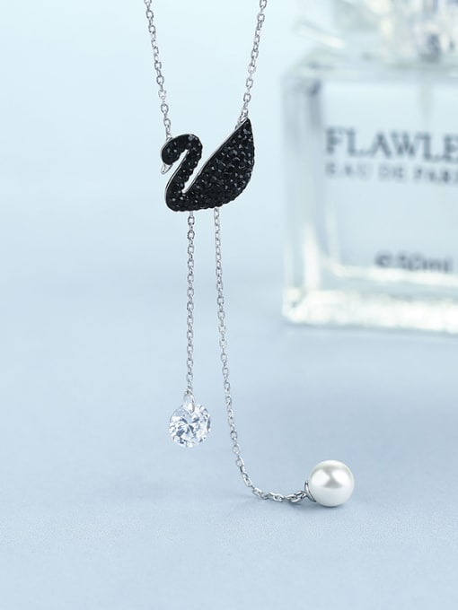 One Silver Fashion Black Swan Shell Pearl Cubic Zircon Pendant 925 Silver Necklace