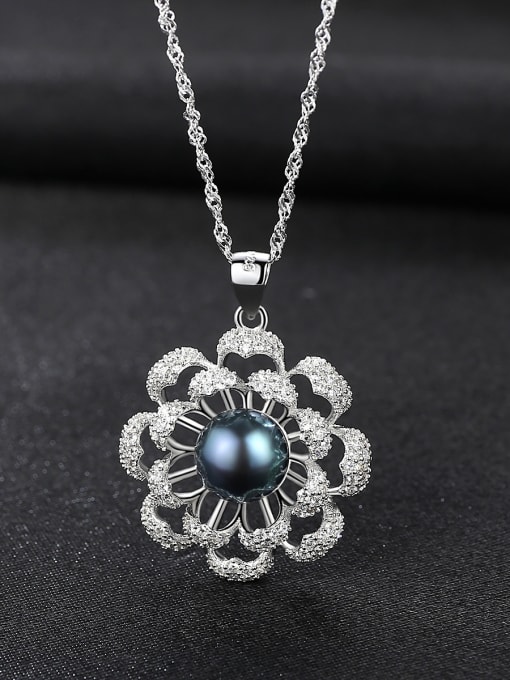 Black pearl Sterling silver micro-inlaid zircon natural freshwater pearl flower necklace