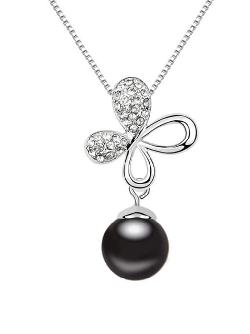 Black Exquisite Imitation Pearl Shiny Crystals-studded Flowery Alloy Necklace