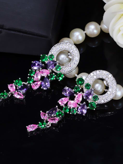 White Gold Color Colorful Flower-shape Zircons White Gold Plated Drop Earrings