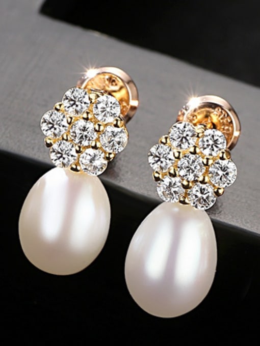 White 18K-Gold Sterling Silver micro-plated zircon Natural Pearl Flower Earrings
