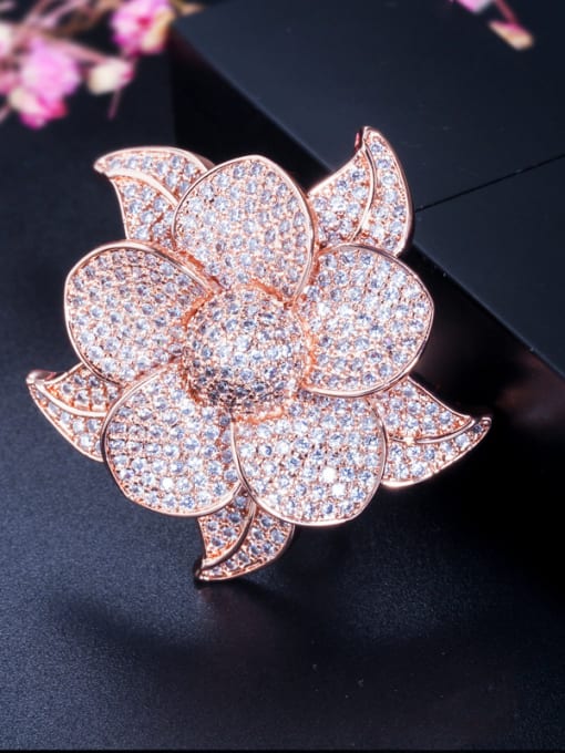 US 7# Copper With Cubic Zirconia Luxury Flower Statement Rings